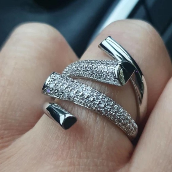 Silver Cubic Zirconia Crystal Geometric Adjustable Ring - Picture 4 of 14